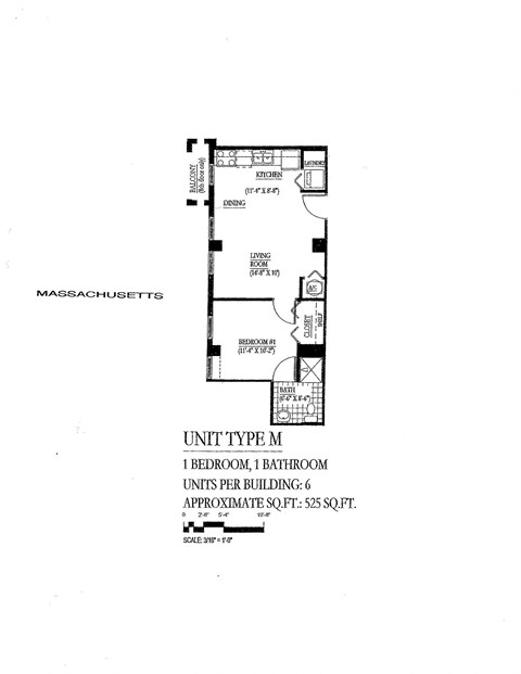 Floor plan for 1 bed, 1 bath, 525 sqft